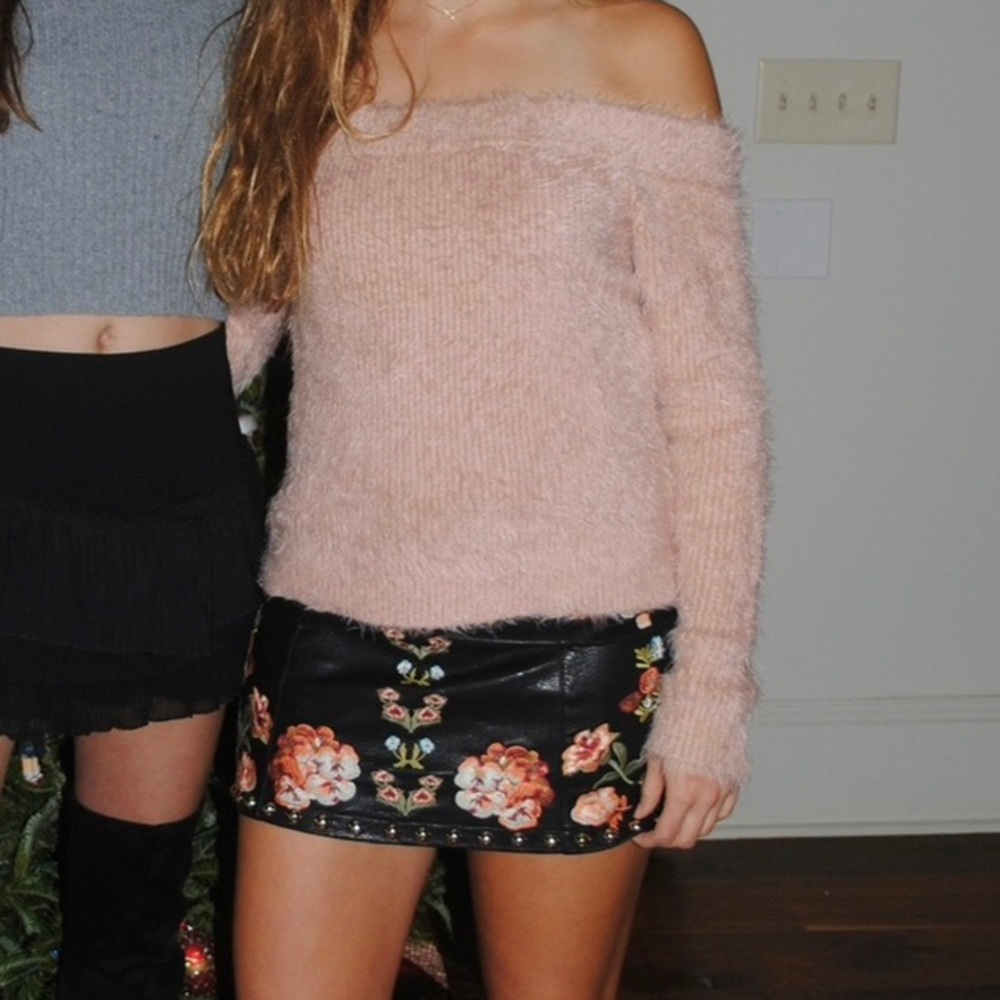 Mink pink fuzzy off the shoulder sweater